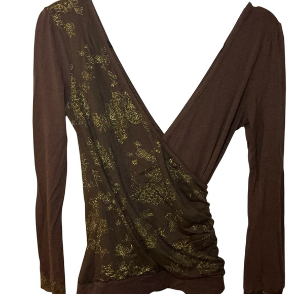 Y2K Brown Long Sleeve Top With Gold Print - Picture 2 of 4